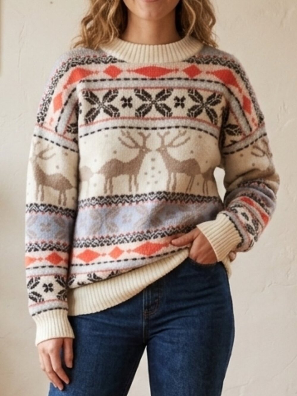 Womens Christmas Sz L/XL‎ Geometric Animal Relaxed Pullover Stretch Sweater